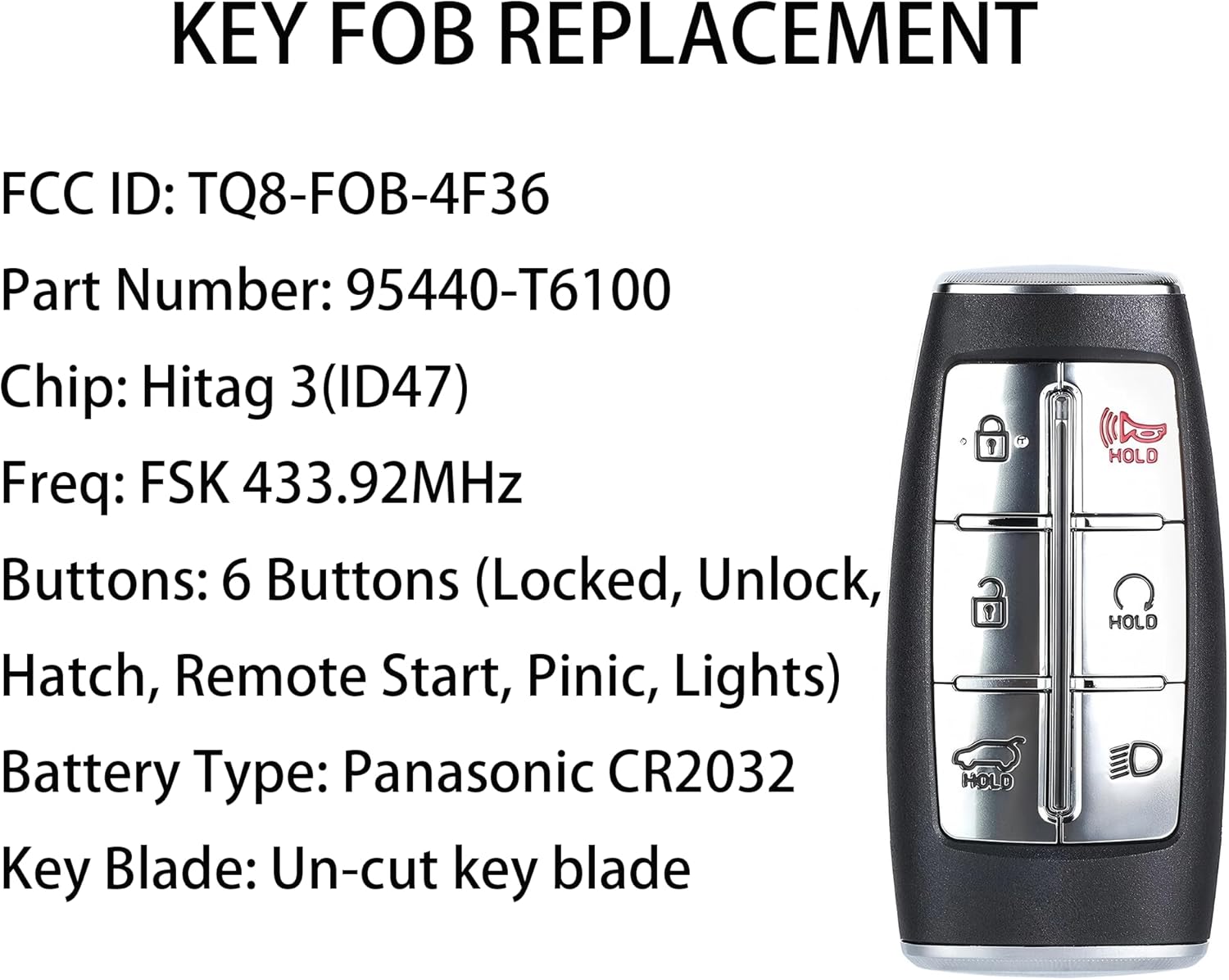 Smart Key for Hyundai Genesis GV80 2021, Alliskeys 6-Buttons Proximity Key Fob Replacement for Hyundai Genesis GV80 2021 TQ8-FOB-4F36 95440-T6100