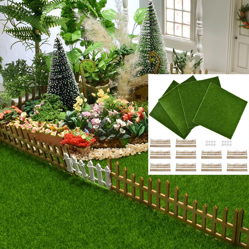 iLAND Fairy Garden Miniatures of Artificial Grass 4 Sheets 11.8"x 11.8" w/ 10pcs Miniature Fences & 2 Fence Doors & 1 Sign, Fake Grass for Crafts & Dollhouse Garden