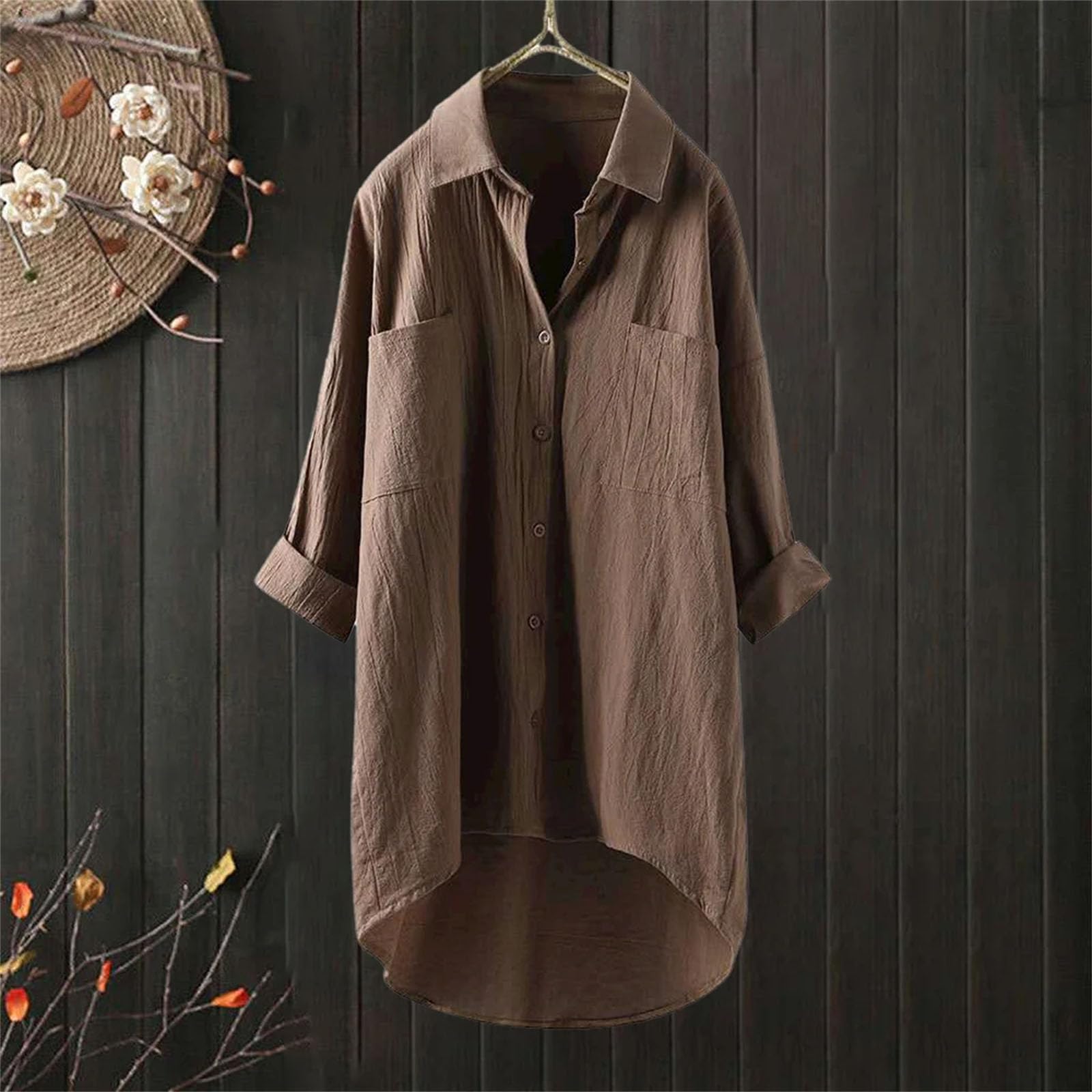 Camisas casuales de talla grande para mujer, blusa de manga larga con cuello de solapa, botones de color sólido, camisa de manga larga