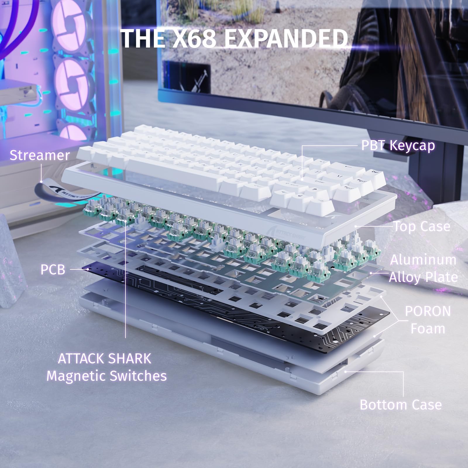 ATTACK SHARK X68 HE & R1 Combo Gaming Teclado y Ratón, Teclado 8000Hz con Cable Rapid Trigger, Precisión 0,01 mm, Snap Tap, 59g Ratón Inalámbrico Superlight, 18000DPI, BT/2.4G/USB-C, Blanco