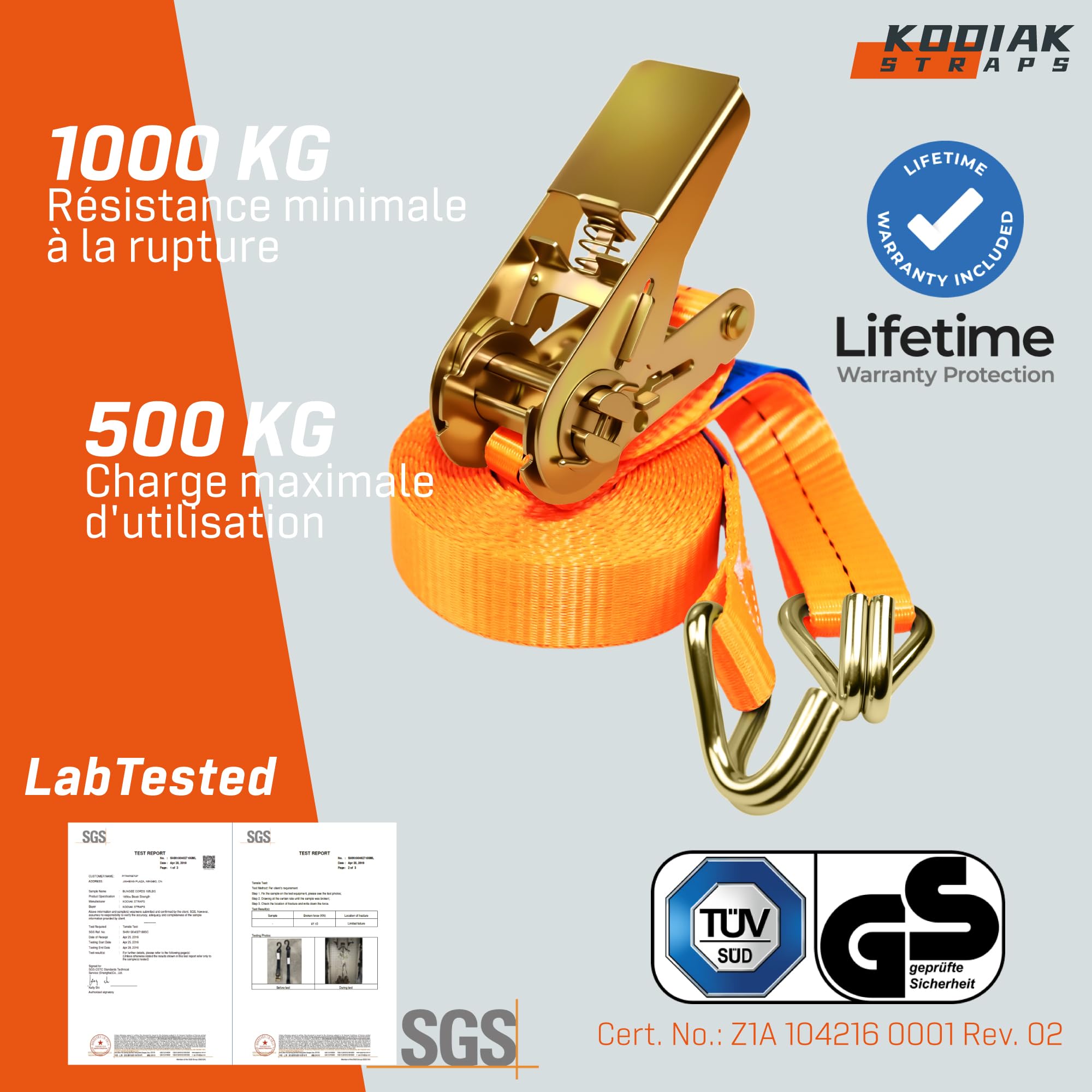 10 Lots de Sangles à Cliquet 4m x 1000kg avec Crochets - Sangles d'Arrimage 25mm Orange pour la Sécurisation des Chargements - Certifié TÜV/GS DIN en 12195-2 - KODIAK STRAPS
