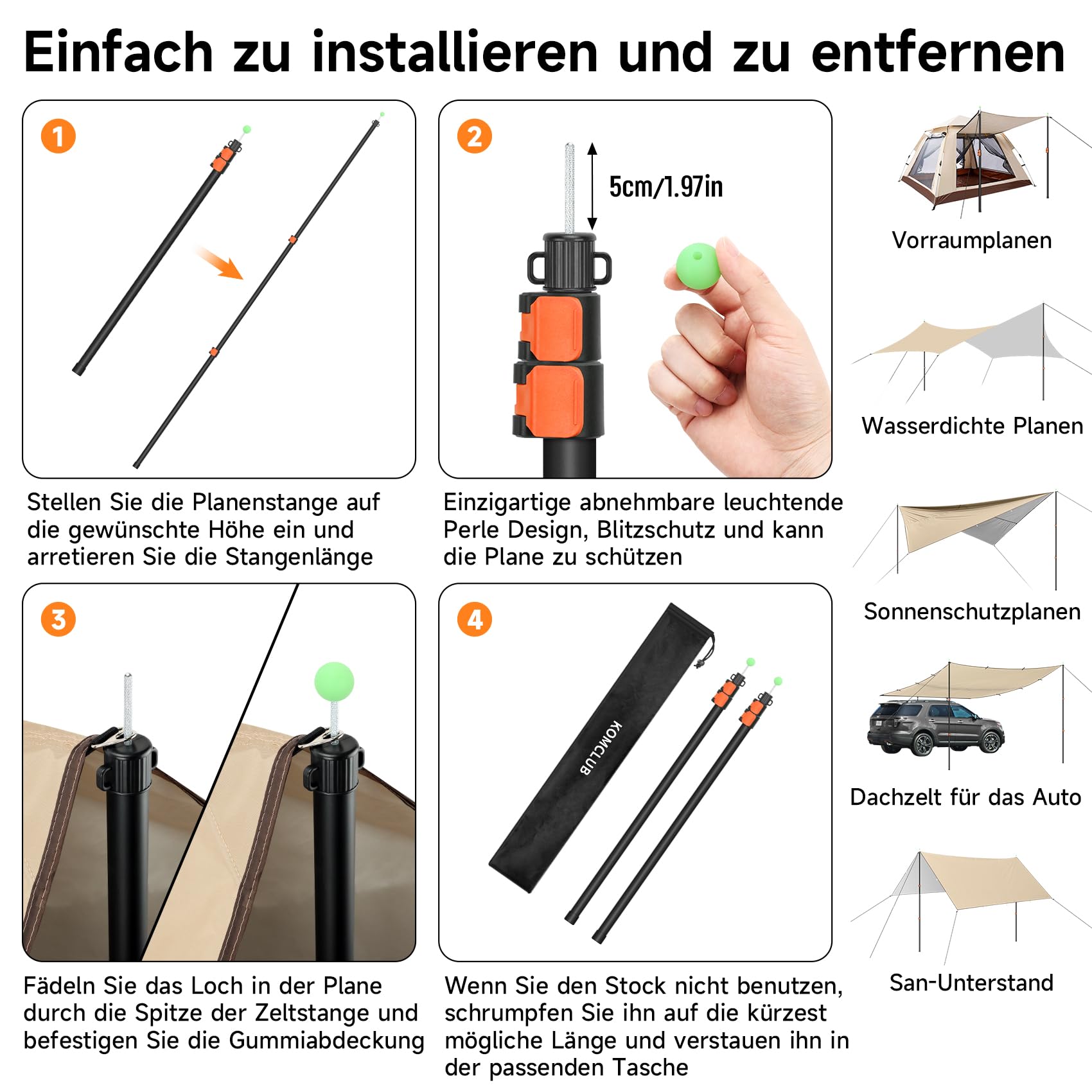KOMCLUB Zeltstange Teleskop, Snap Set Aluminium Zeltstange 247cm, Verstellbare Ultraleicht-Planenstange Teleskop-Stützstange für Vorzelte, Zelte, Campingplanen