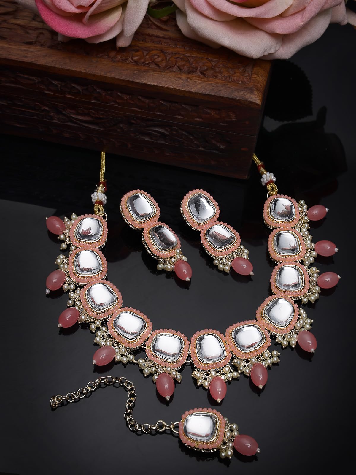 Kundan Studded Collar Bone Necklace Set With Earrings