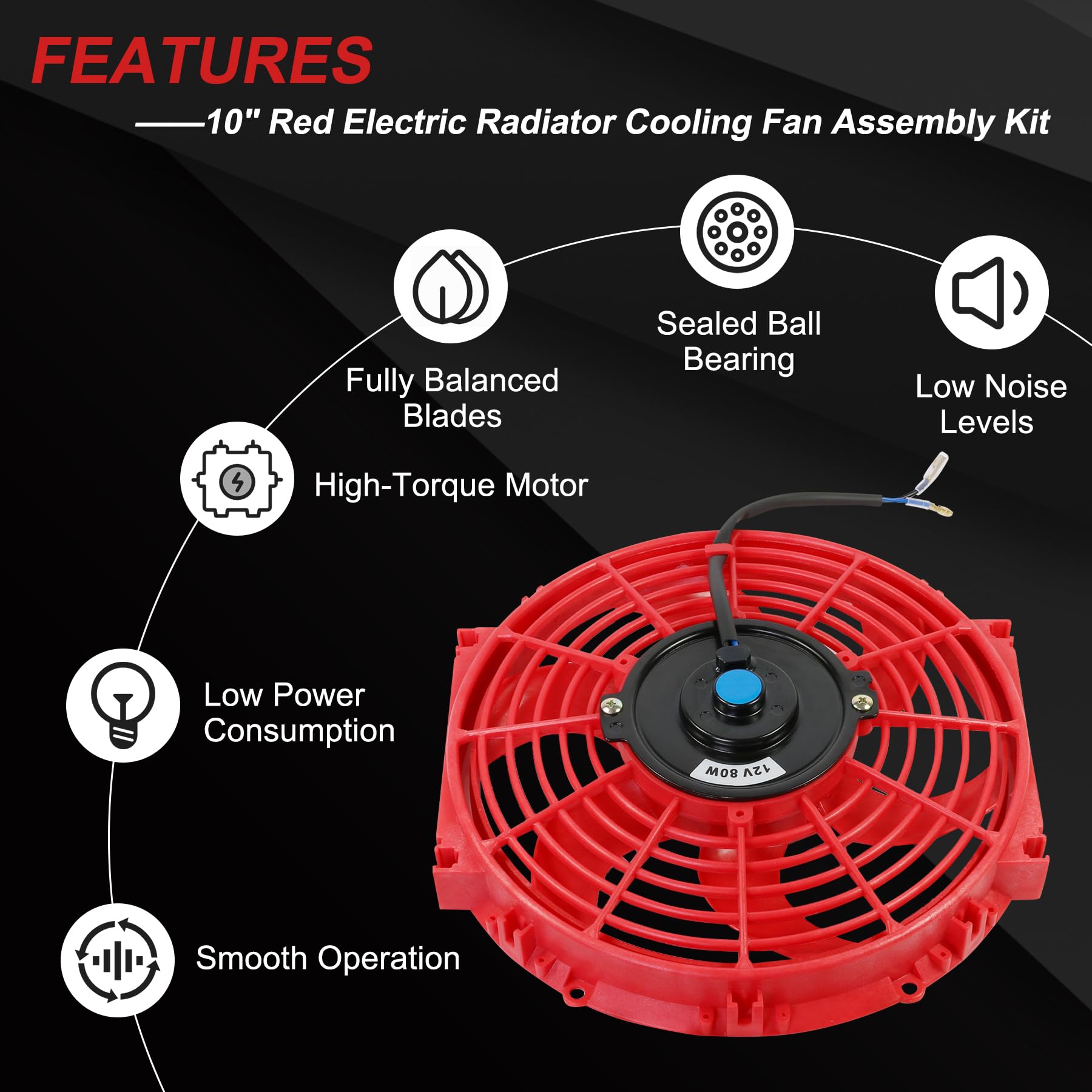 JDMSPEED Ventilador delgado de 10 pulgadas para radiador eléctrico de refrigeración de 12 V, kit universal rojo