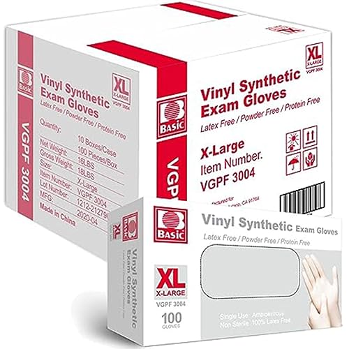 Miniatura 1 de Basic Medical - Guantes de examen de vinilo transparente, sin látex y sin polvo, VGPF-3004 (caja de 1000), extra grandes