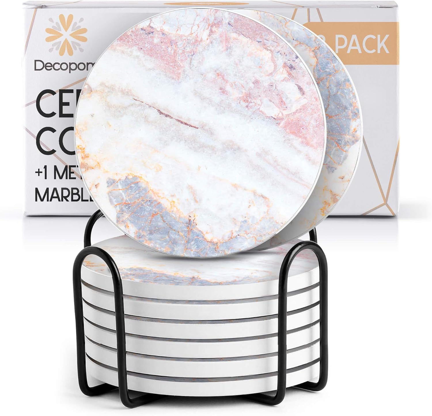 Coasters for Drinks Ceramic Cork Set - 8 Pcs Absorbent Beach Gold Marble Design Coasters with Metal Holder for Cups Mugs Coffee Wine Wooden Glass Tabletop Protection Bar Table House Warming Gift Home
