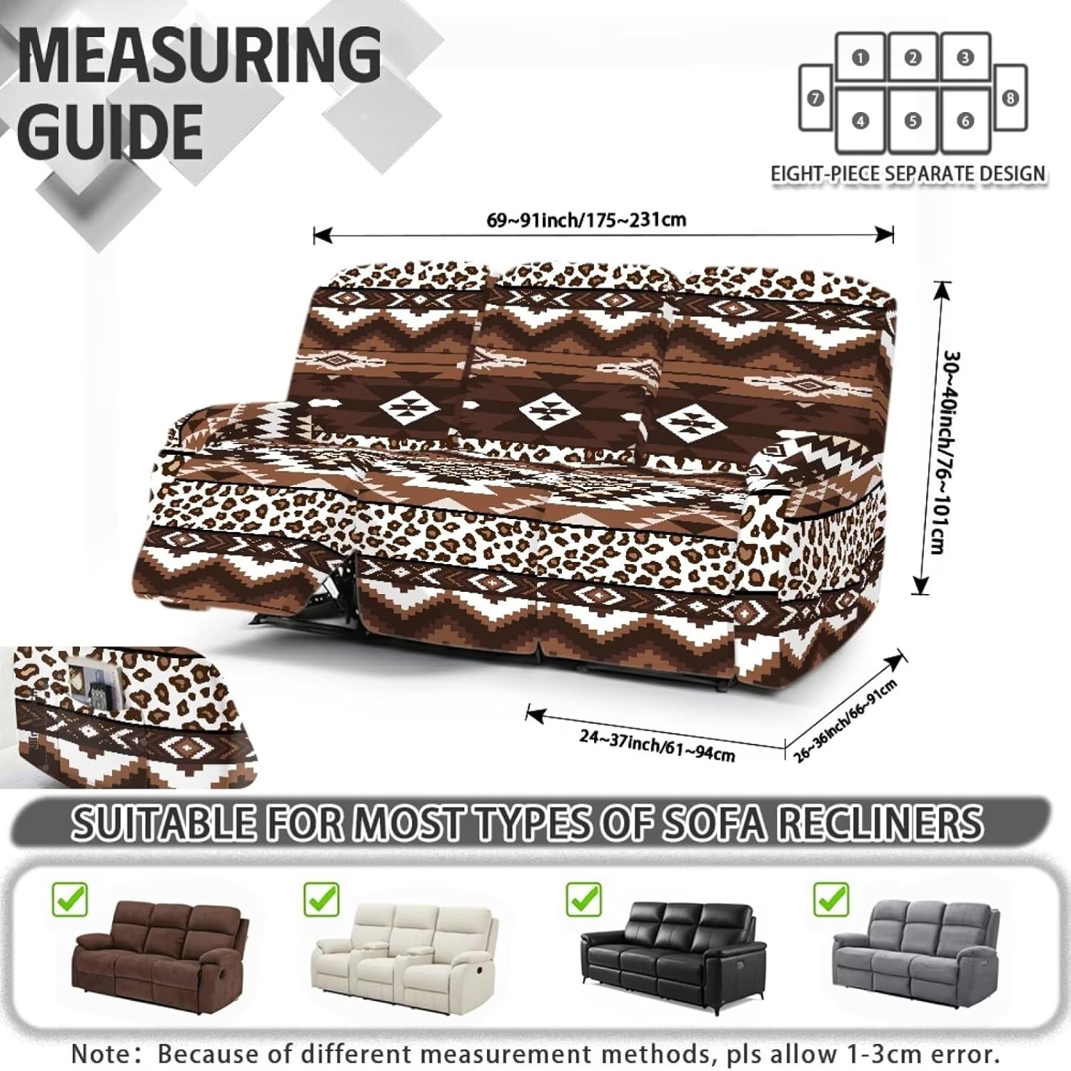 Brown Aztec Tribal Leopard Print Non-Slip Recliner Couch Cover for 3 Seater Sofa Covers Washable Furniture Protector Slipcovers Anti-Dust 8 Pcs Set Home Decor