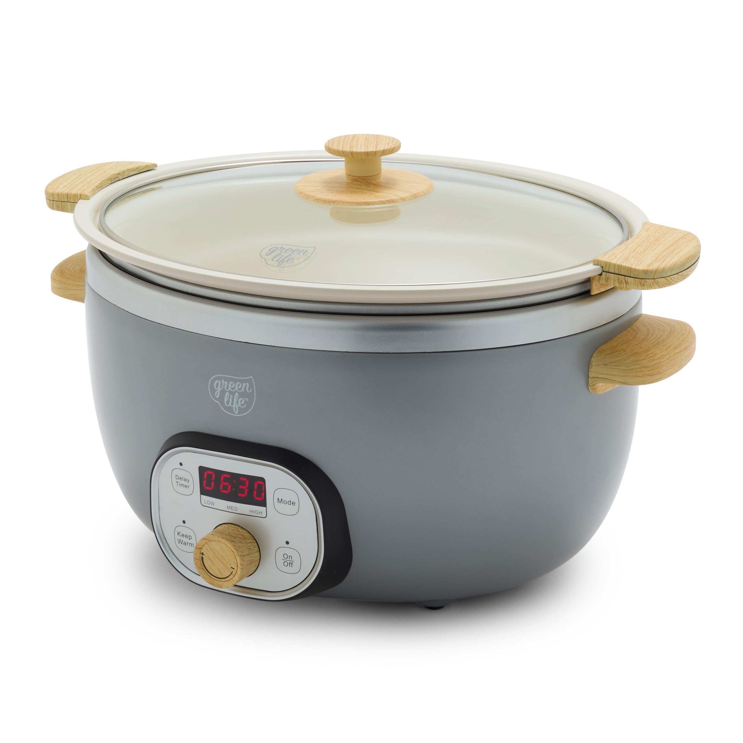 GreenLife 6QT Ceramic Nonstick Slow Cooker, Cooktop/Oven Safe, Gray