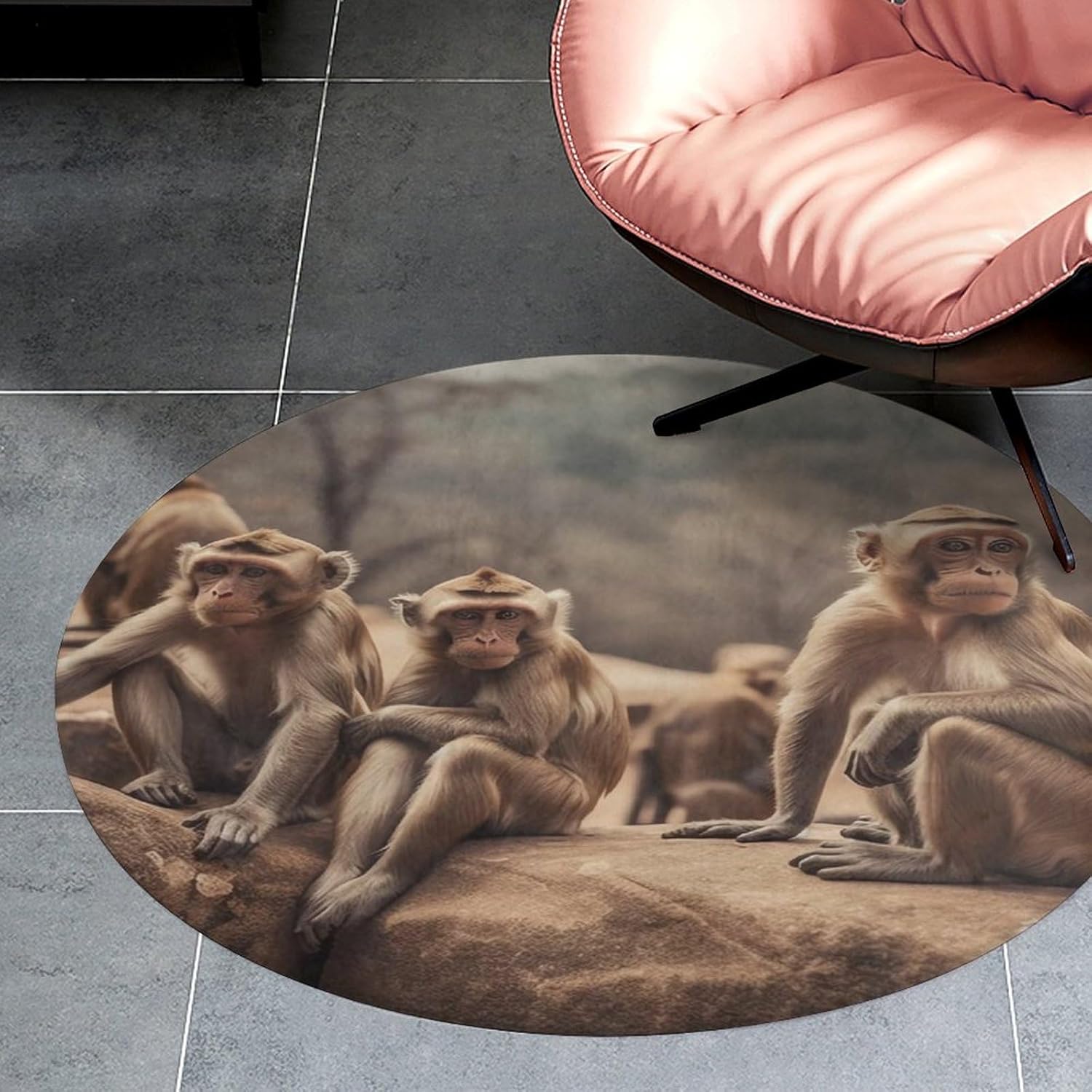 Round Floor Mats Door Mat Monkey Sitting on Stone Absorbent Rug Non Slip Mat for Bathroom Bedroom，Entryway, Office