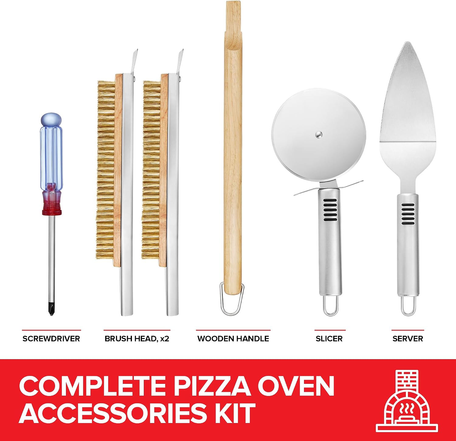 Essential Pizza Oven Accessories Kit- Includes Extra-Long Wooden Handle, 2 Brush Heads with Stainless Steel, Heat-Proof Bristles- + Slicer & Server |Works on Gozney, Blackstone & Pizza Ovens
