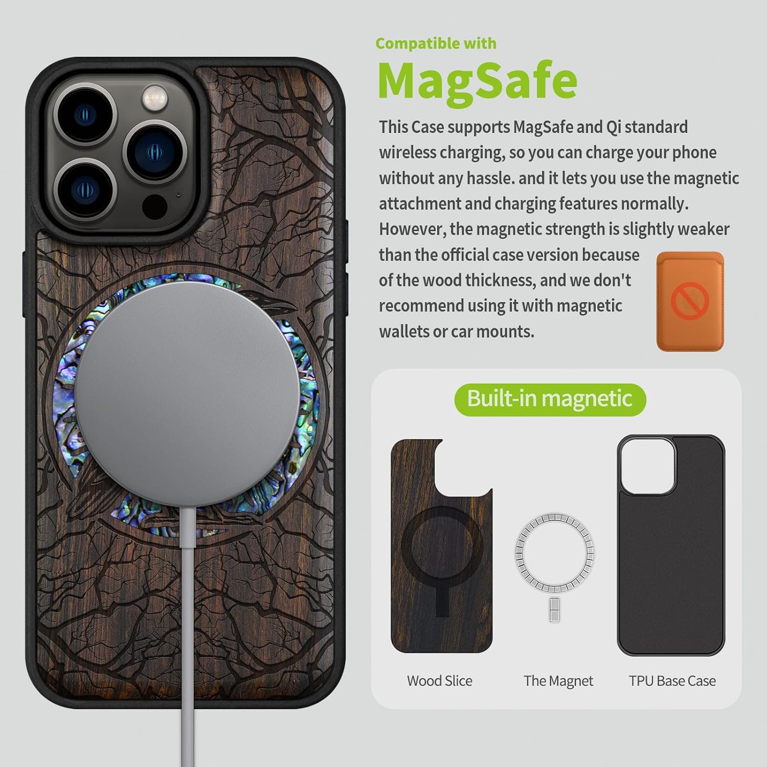 Carveit Designer Wooden Protective Magnetic Case for iPhone 14 Pro Max Case [Wood Engraving & Shell Inlay] Compatible with 14 Pro Max MagSafe (The Haloed Crow-Blackwood)
