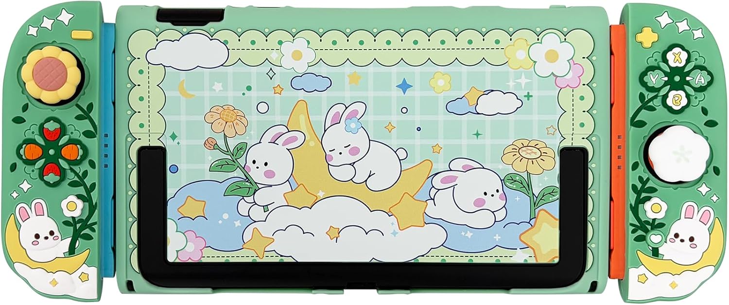 Protective Case for Nintendo Switch 2, Hard Back Shell + 2 Silicone Anti-Slip Controller Covers + 2 Joystick Caps, Rabbit and Flower Cover, Green - Image 4