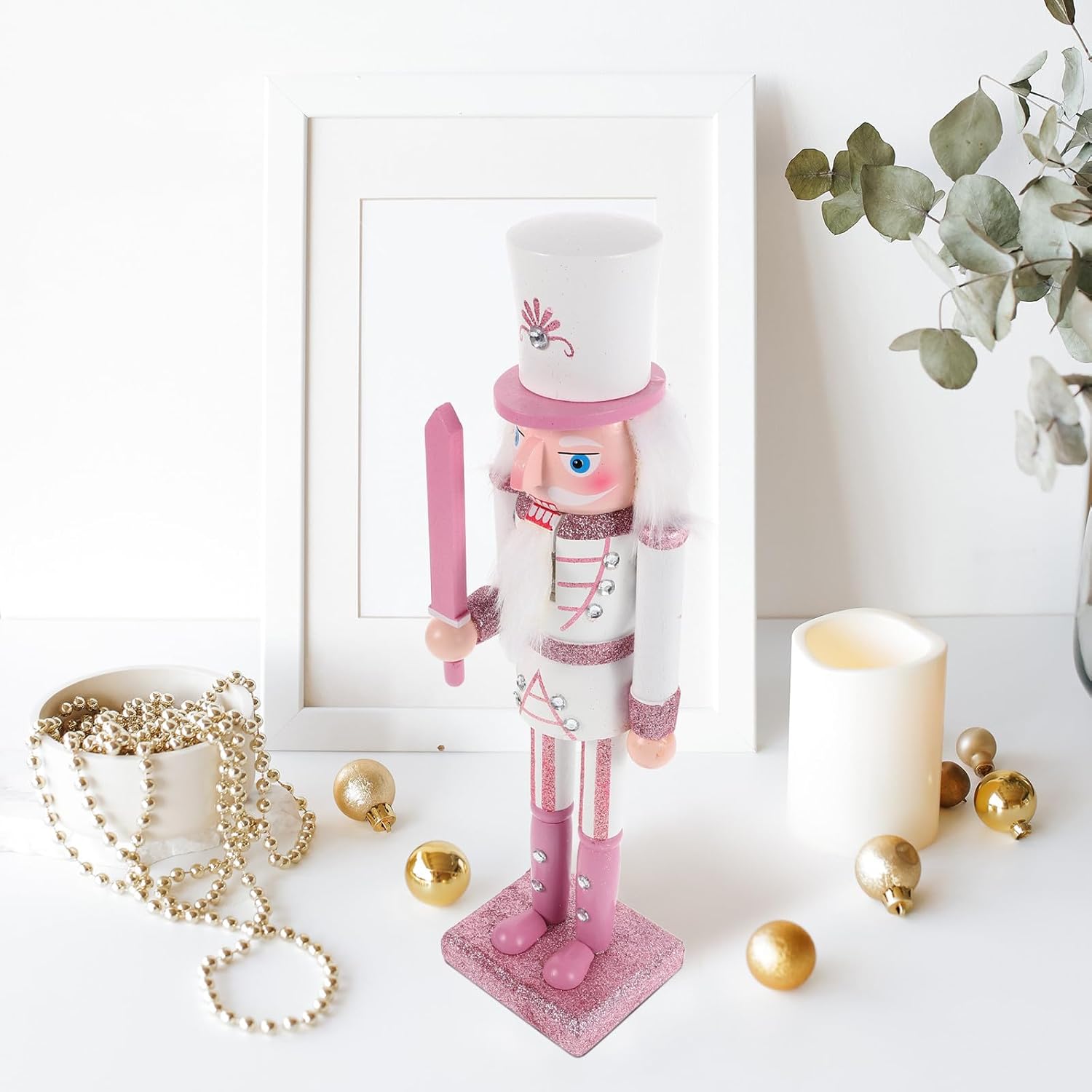 YARNOW Christmas Pink Wood Nutcracker Figurine 30cm Soldier Ornament Xmas Wooden Nutcracker Craft Decoration for Holiday Home and Table Display