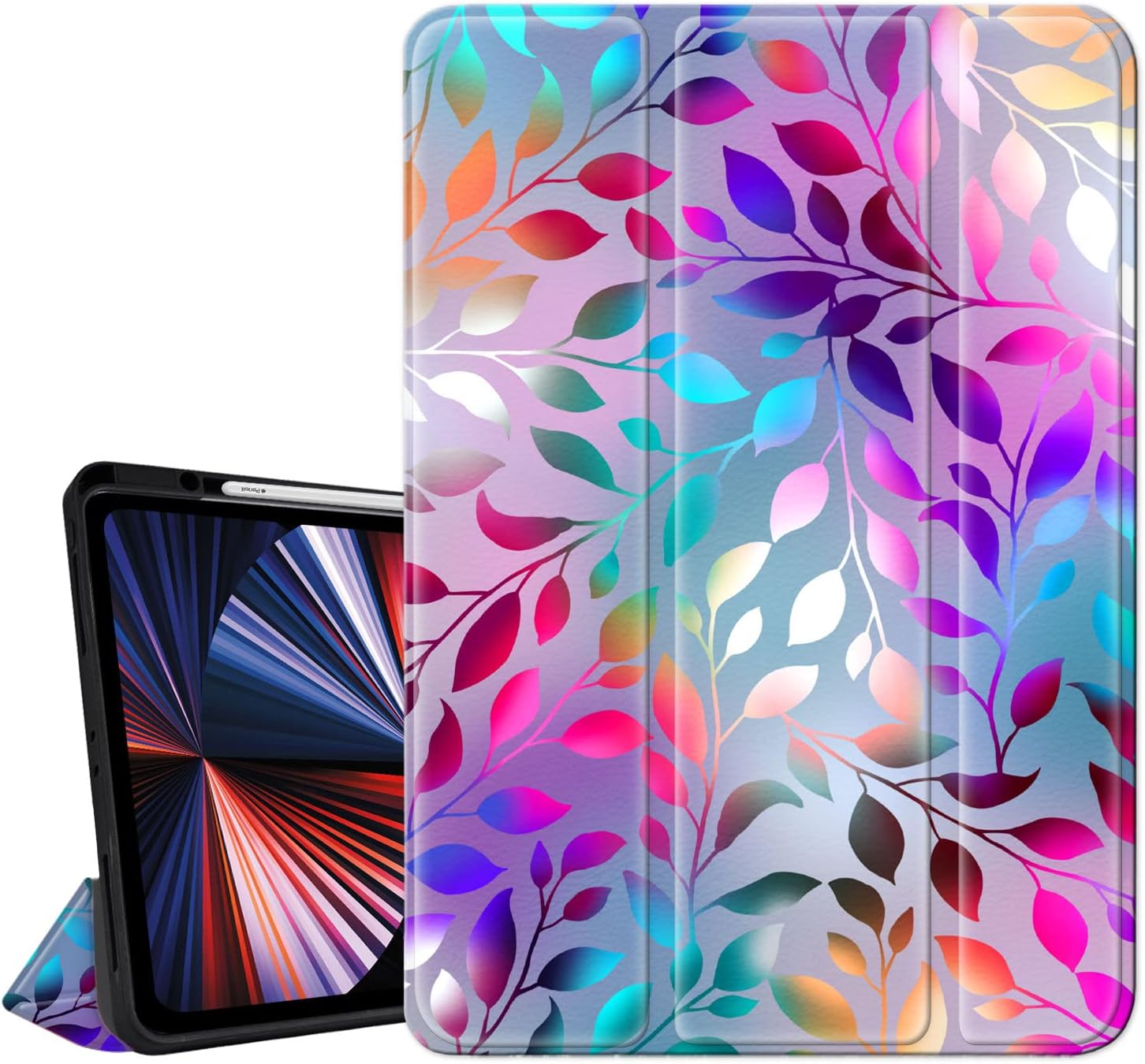Hi Space for iPad Pro 12.9 Case 2022 2021 2020 2018 6th 5th 4th 3rd Gen with Pencil Holder, Frosted Colorful Leaf Trifold Stand Protective Shockproof Cover Auto Sleep Wake