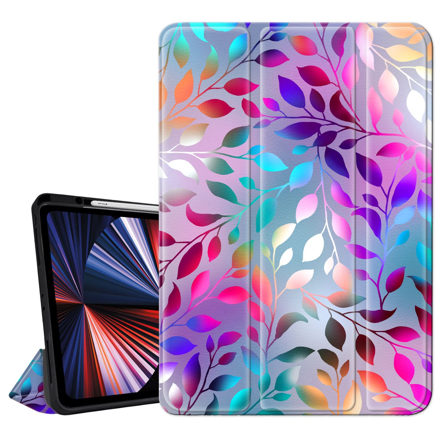 Hi Space for iPad Pro 12.9 Case 2022 2021 2020 2018 6th 5th 4th 3rd Gen with Pencil Holder, Frosted Colorful Leaf Trifold Stand Protective Shockproof Cover Auto Sleep Wake