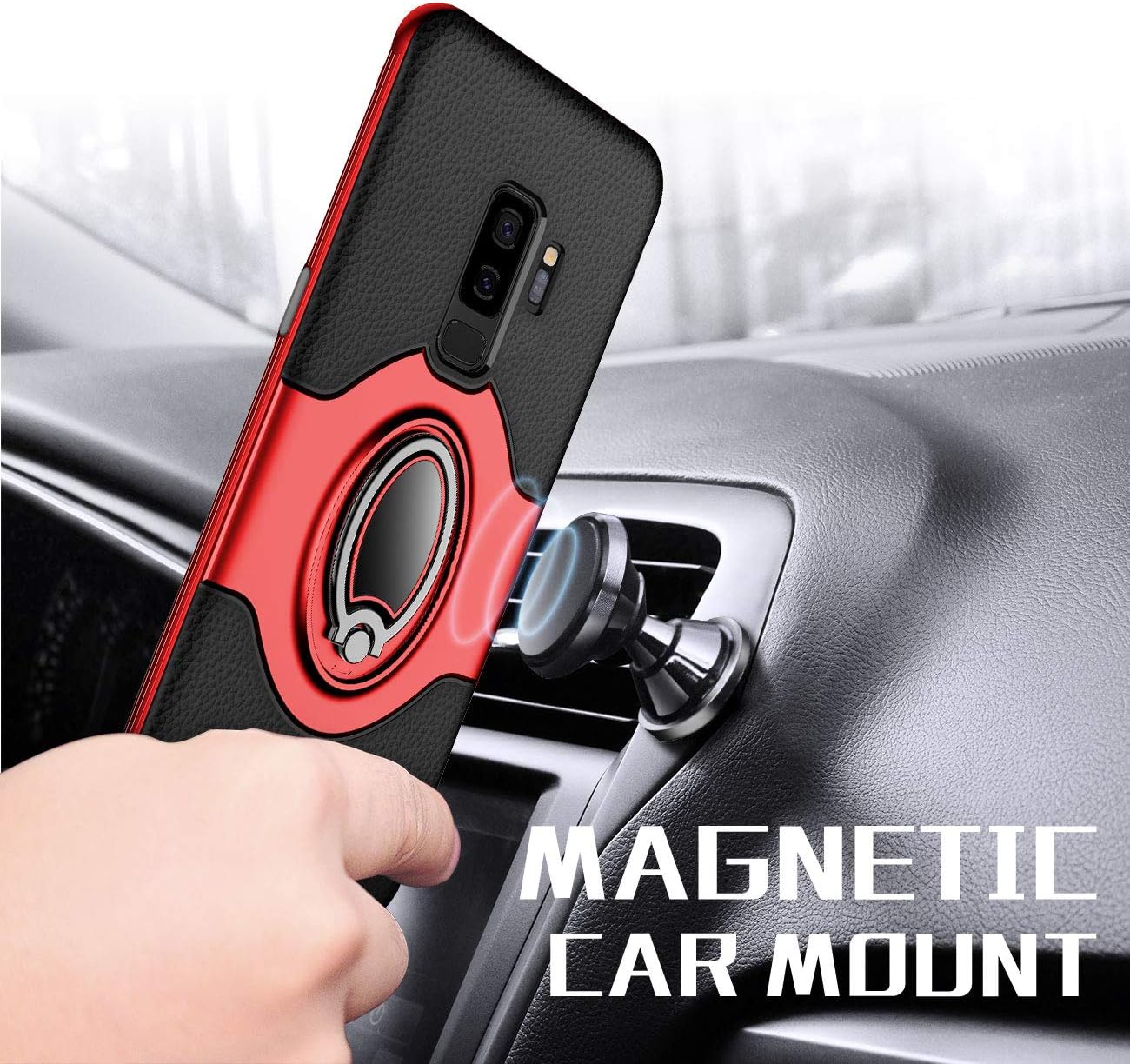 eSamcore Samsung Galaxy S9 Plus Case Ring Holder Kickstand Cases + Dashboard Magnetic Phone Car Mount [Red]