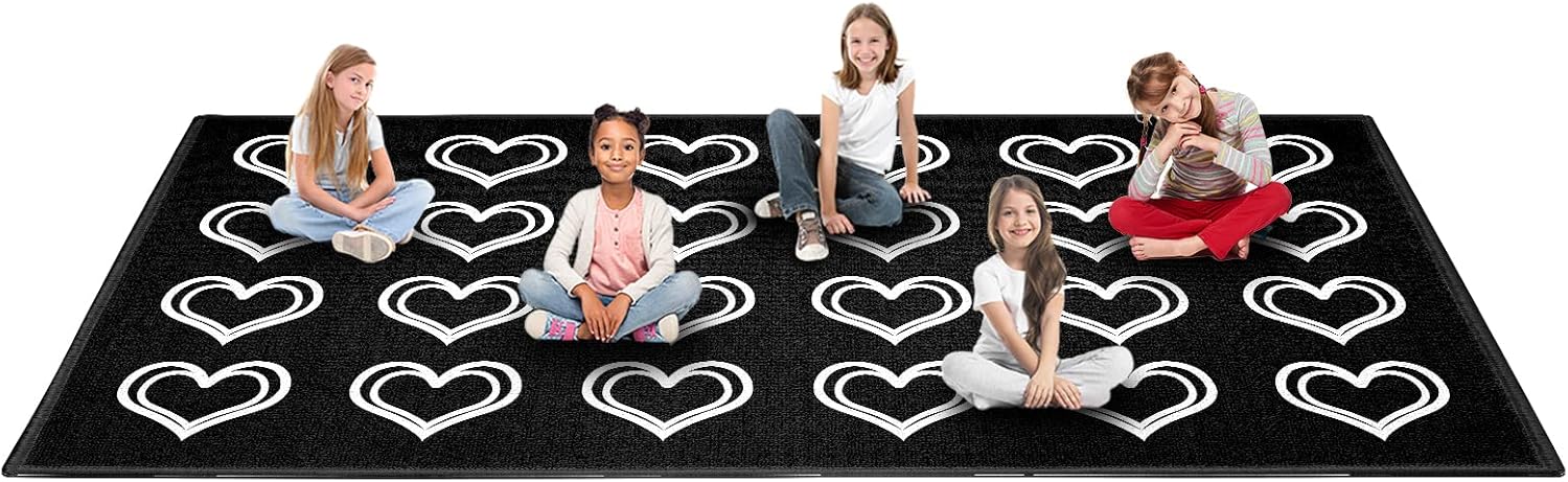 Booooom Jackson Black Classroom Rug Large Heart Classroom Carpet 7'5'x13'Area Reading Rug with Non-Slip Backing School Classroom Seating Carpet Elementary