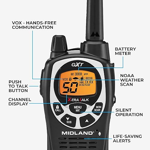 Miniatura 5 de Midland GXT1000AZ GMRS Two-Way Radio (50-Channel, Long Range, 142 Privacy Codes, SOS, NOAA, Rechargeable Nickle Battery, Black/Silver, Single Pack)
