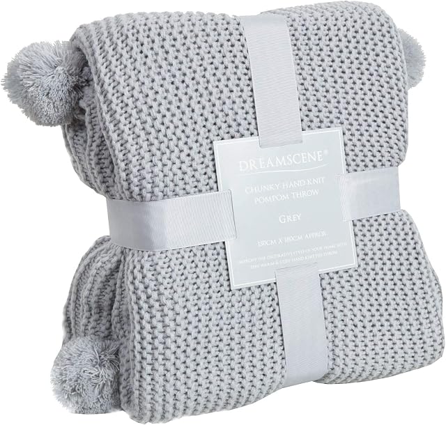 Dreamscene Chunky Throw for Sofa Large Knitted Thick Warm Pom Bed Blanket, Silver Grey, 150 x 180 cm