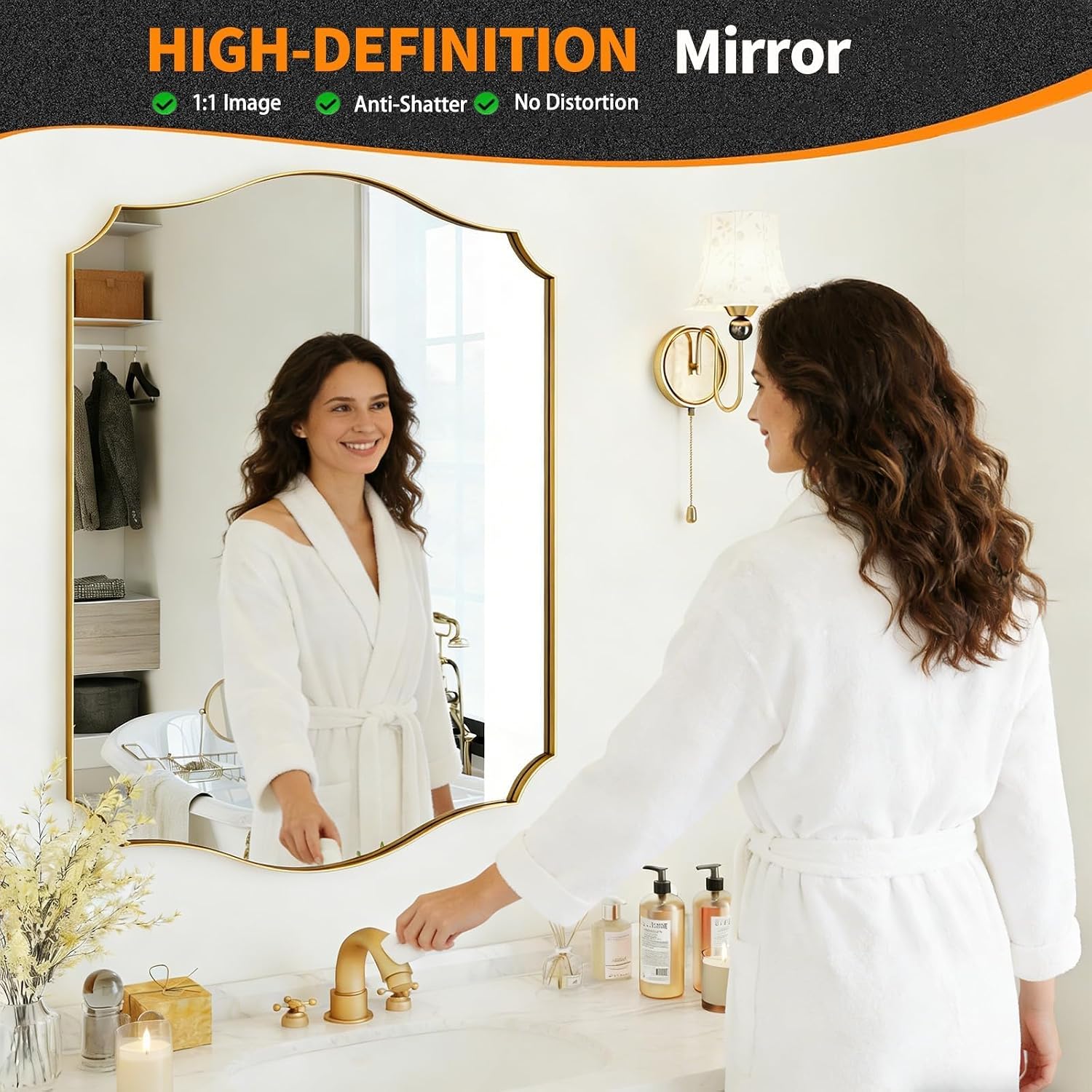 Gold Wall Mirror 30"x22", Scalloped Vanity Mirror Rust-Proof Metal Frame - Hangs Vertically/Horizontally Decorative Bathroom Mirror for Vanity, Bedroom & Entryway