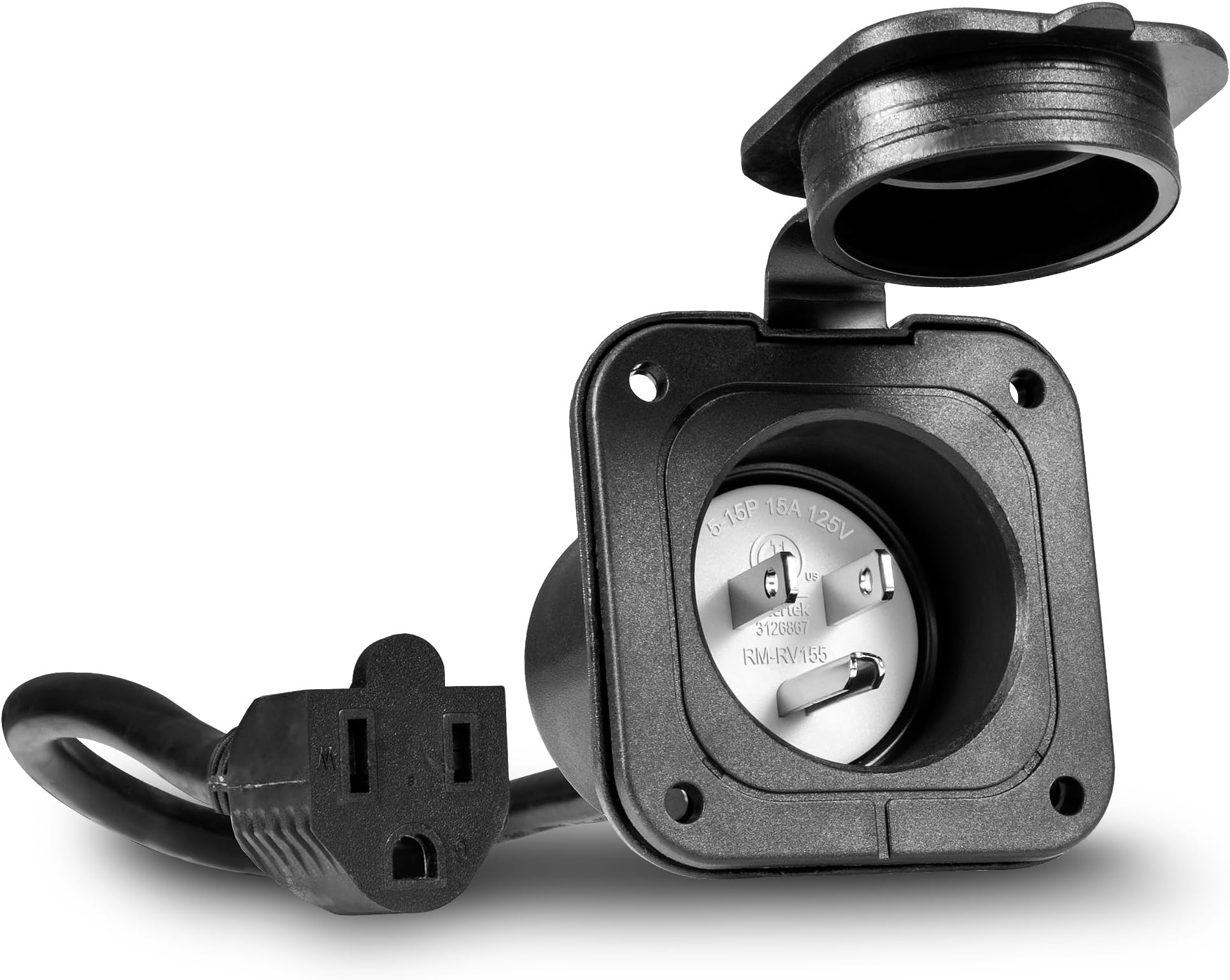 True Mods 15A AC Port Plug Flanged Inlet Socket 15 Amp Shore Power Supply Receptacle w/ 16" Outdoor Extension Cord Cable for RV Camper Boat Trailer [NEMA 5-15 125V] [Low-Profile] [Waterproof] [ETL]