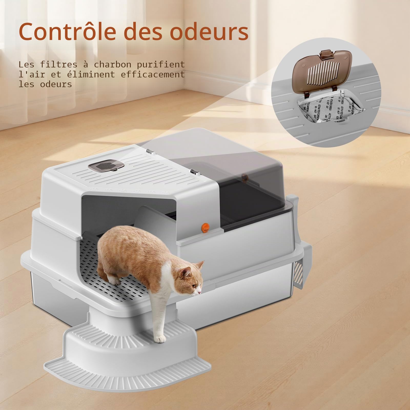 Litière pour Chat en Acier Inoxydable, bac à litière Haut en métal avec allée filtrée, Marche, Pelle, Non Collante, sans Odeur, Facile à Nettoyer (Gris Clair)