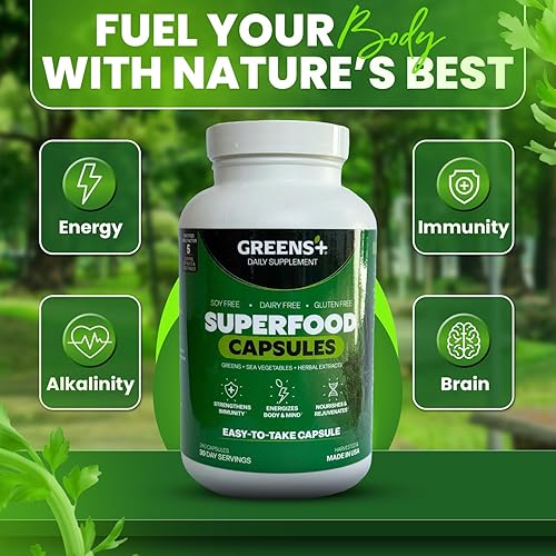 Miniatura 2 de Greens+ Superfood Organic Super Greens Cápsulas vegetales con clorela orgánica, espirulina, alfalfa y pasto de trigo, suplemento mezclado de