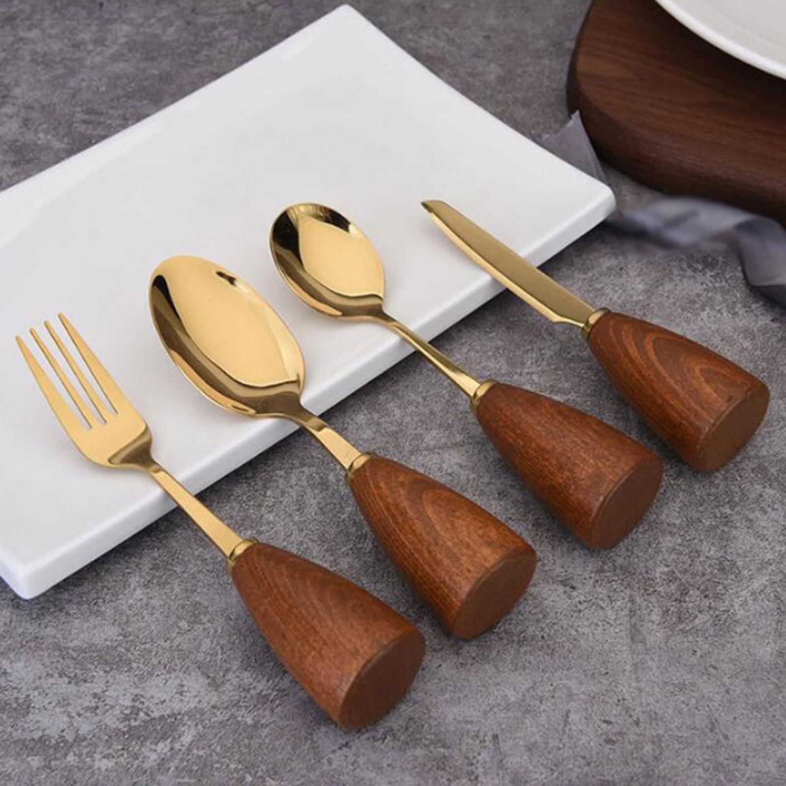 Juego de cubiertos chapados en oro con mango madera 4 piezas, vajilla occidental acero inoxidable for cena, tenedor, cuchara, cuchillo