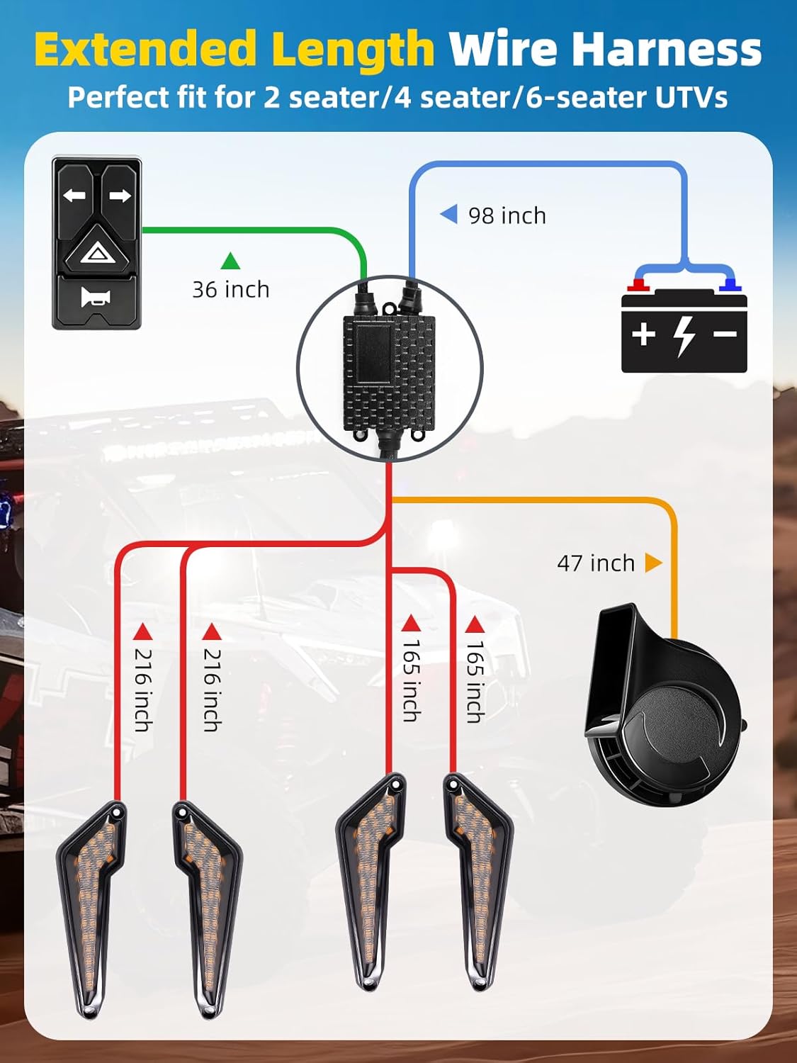 UTV Turn Signal Kit with 110D Horn, Pre-Wired, Plug & Play UTV Universal Street Legal Blinker kit with Integrated Rocker Switch, Compatible with Polaris, Can-Am, CFMOTO for Side By Side