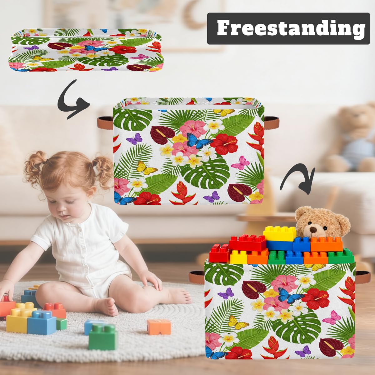Rechteckiger Aufbewahrungskorb mit tropischen Blumen- und Schmetterlingsmustern, 2 Stück, faltbarer Stoff-Aufbewahrungskorb für Schrank, Badezimmer, Wohnzimmer, Büro, Spielzeug, Organizer