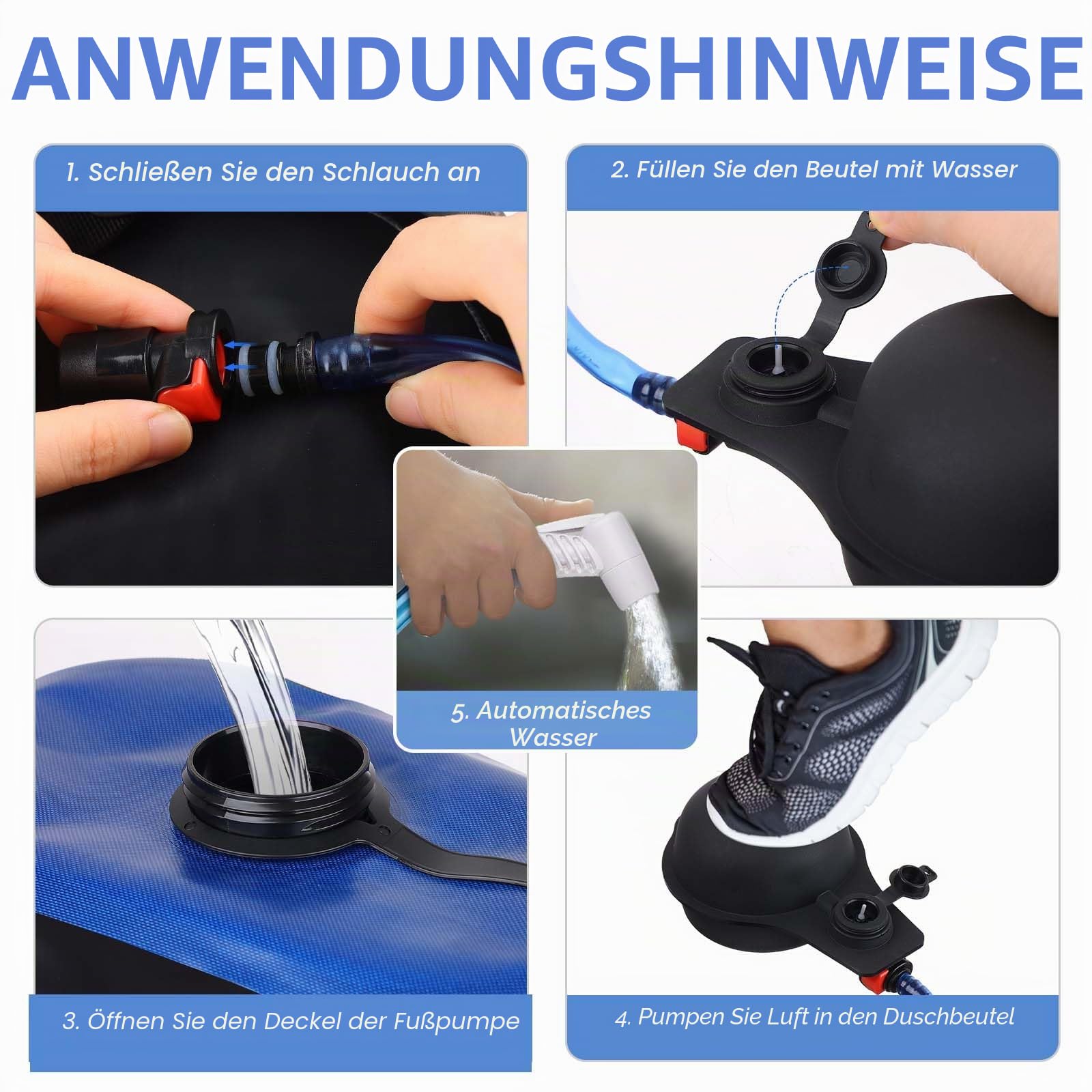 Tragbare Campingdusche mit Temperaturanzeige, 20L TPU Solarbetriebene Camping Dusche Tasche mit Druckfuß, Pumpe Duschkopf und Schlauch für Camping, Wandern, Strand, Reisen, Haustier