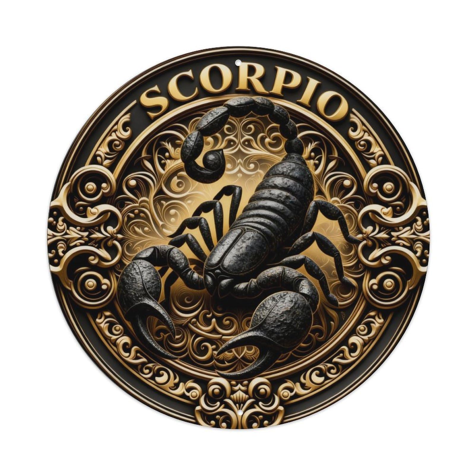 Golden Ornate Scorpion Emblem Design Round Metal Tin Sign Vintage Wall Decor, Bar Garage Cafe Kitchen Home Wall Art Poster 8x8inches