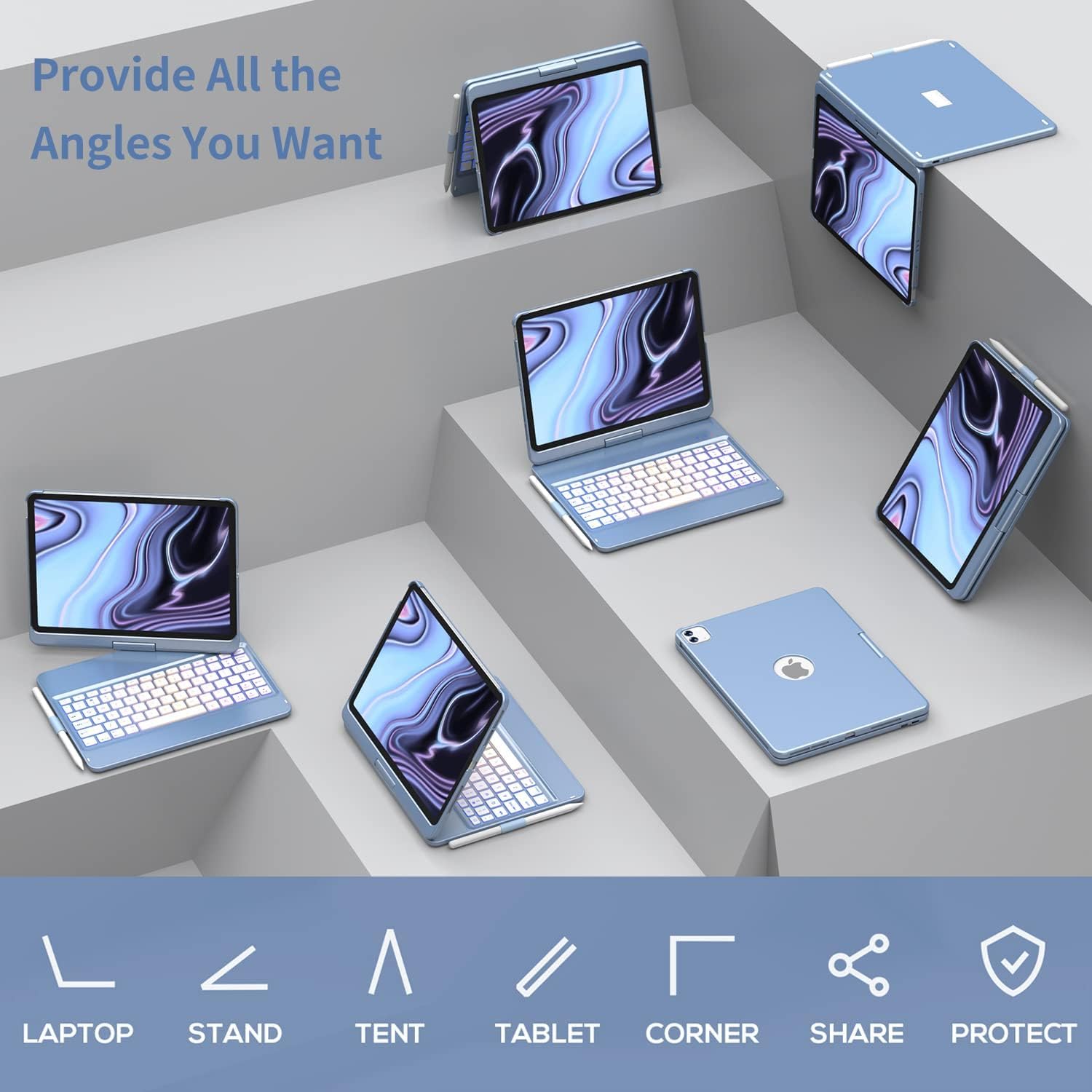 GGH Keyboard Case for iPad Pro 11 inch (4th/3rd/2nd/1st Gen),iPad Air 5th/4th Generation Case with Keyboard 10.9 inch,10 Color Backlight Bluetooth Keyboard with Pencil Holder,360° Rotatable Screen-RG - Image 7