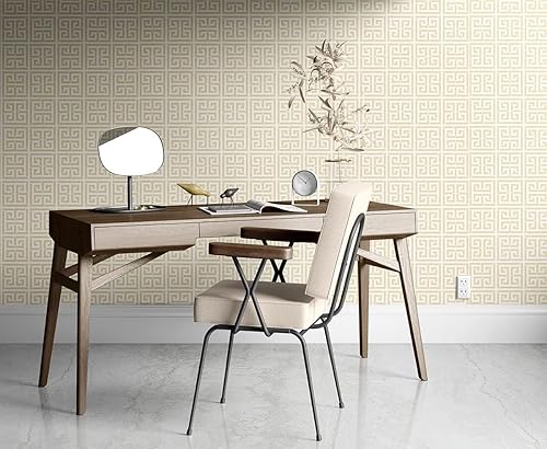 Miniatura 8 de Papel tapiz de 17.7 x 236.0 pulgadas, diseño de llave griega, papel tapiz autoadhesivo con diseño de enrejado geométrico, color plateado y blanco