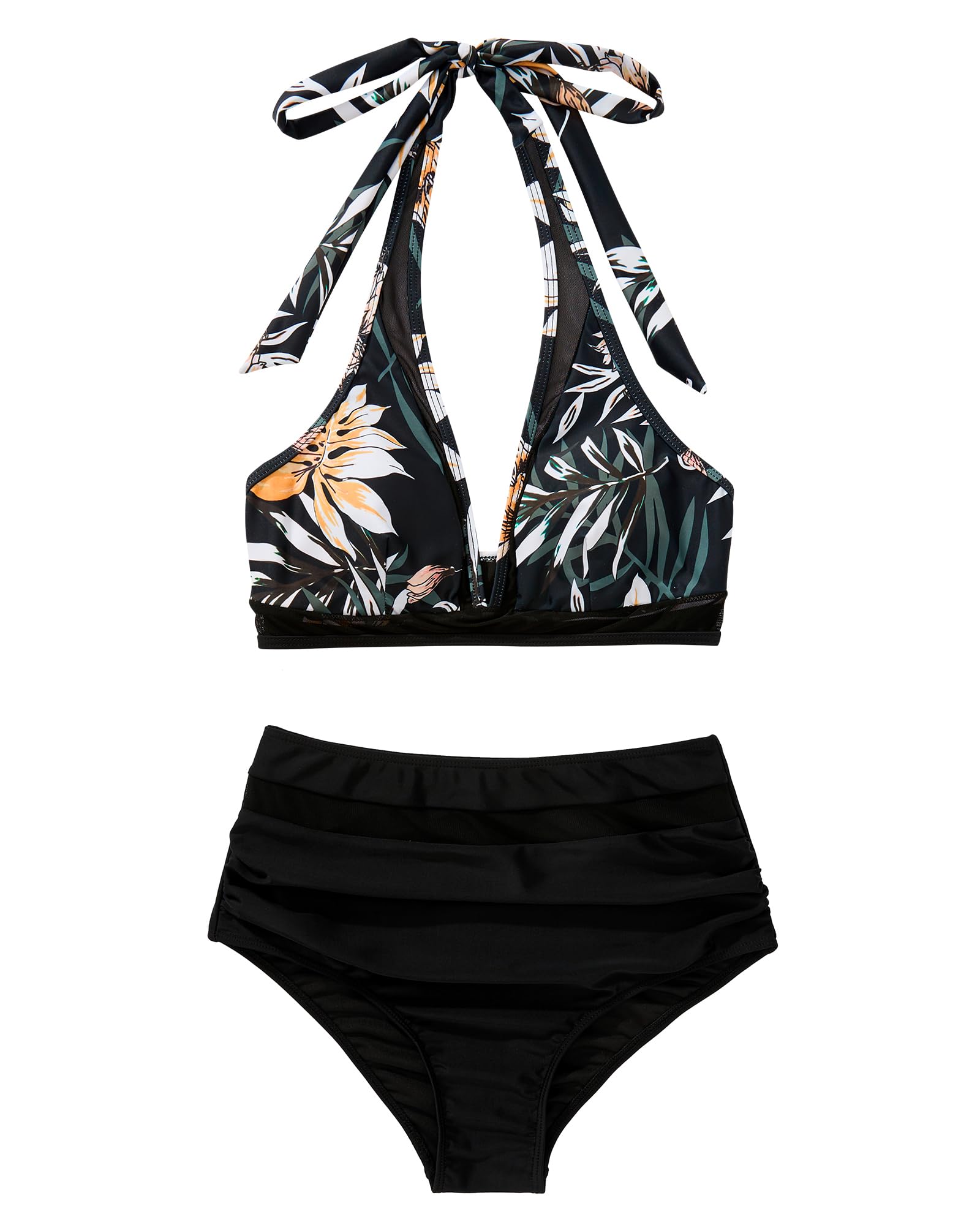 RXRXCOCO Damen Mesh Neckholder Rückenfrei Bauchweg High Waist Bikini Set Push Up Sexy V Ausschnitt Zweiteiliger Badeanzüge Bademode