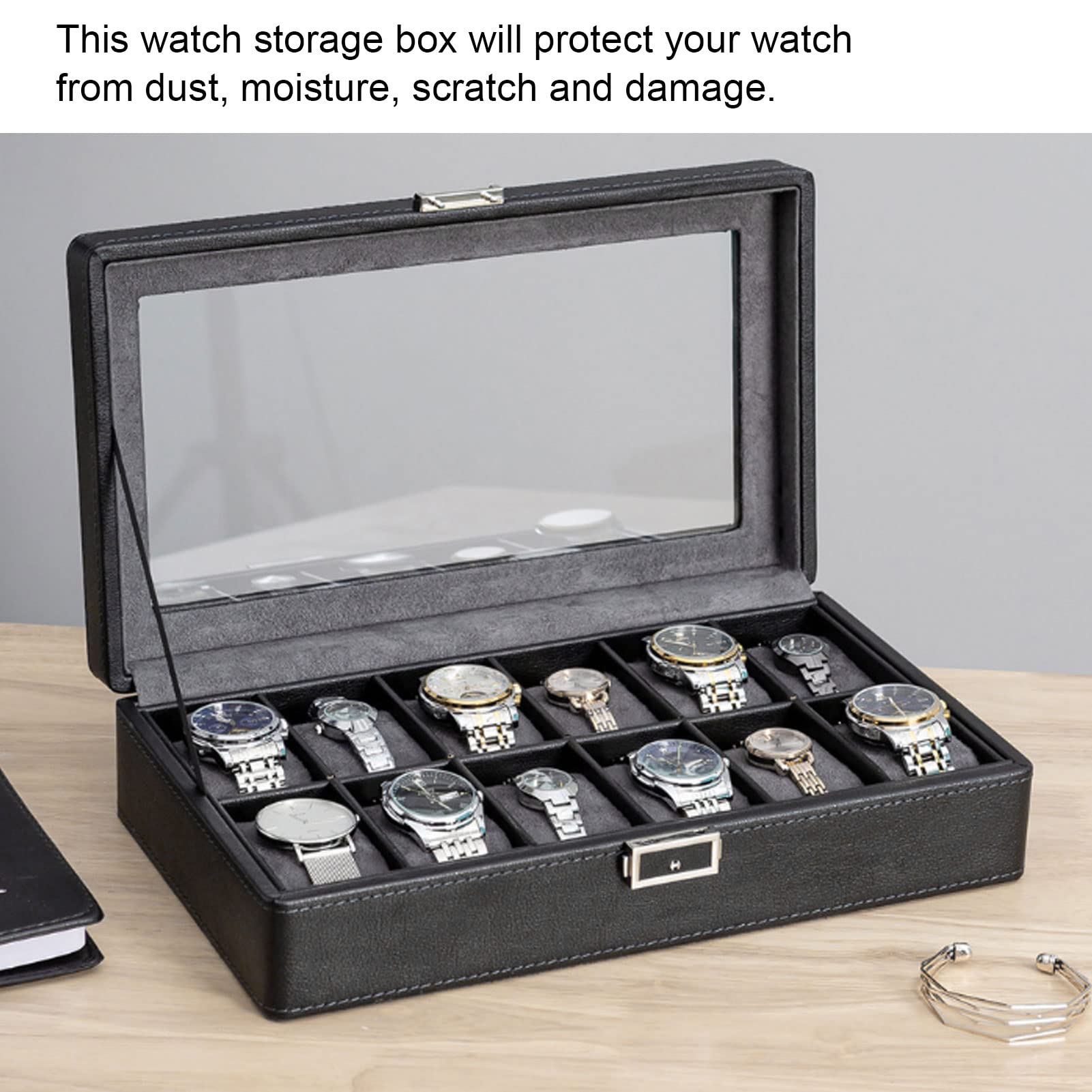 Organizzatore per Orologi Nero Elegante 12 Slot con Coperchio Trasparente Resistente Scatola Porta Orologi per L'organizzazione Domestica