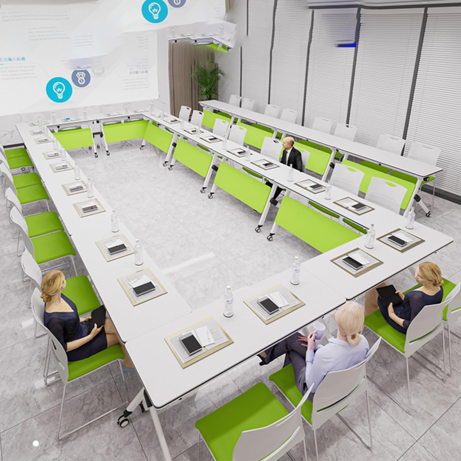 Tavolo da conferenza pieghevole con ruote, portatile, per sala riunioni e formazione, salvaspazio, per ufficio, classe, con deflettori e contenitore (120 x 40 cm)