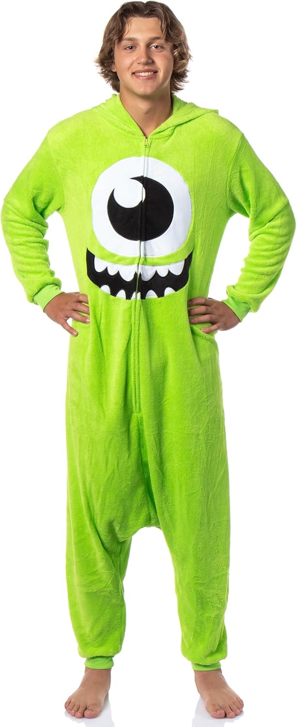 Mike Wazowski Union Suit Disney Monsters Inc Hooded Kigurumi Adult Fleece Costume One Piece Pajama for Men and Women