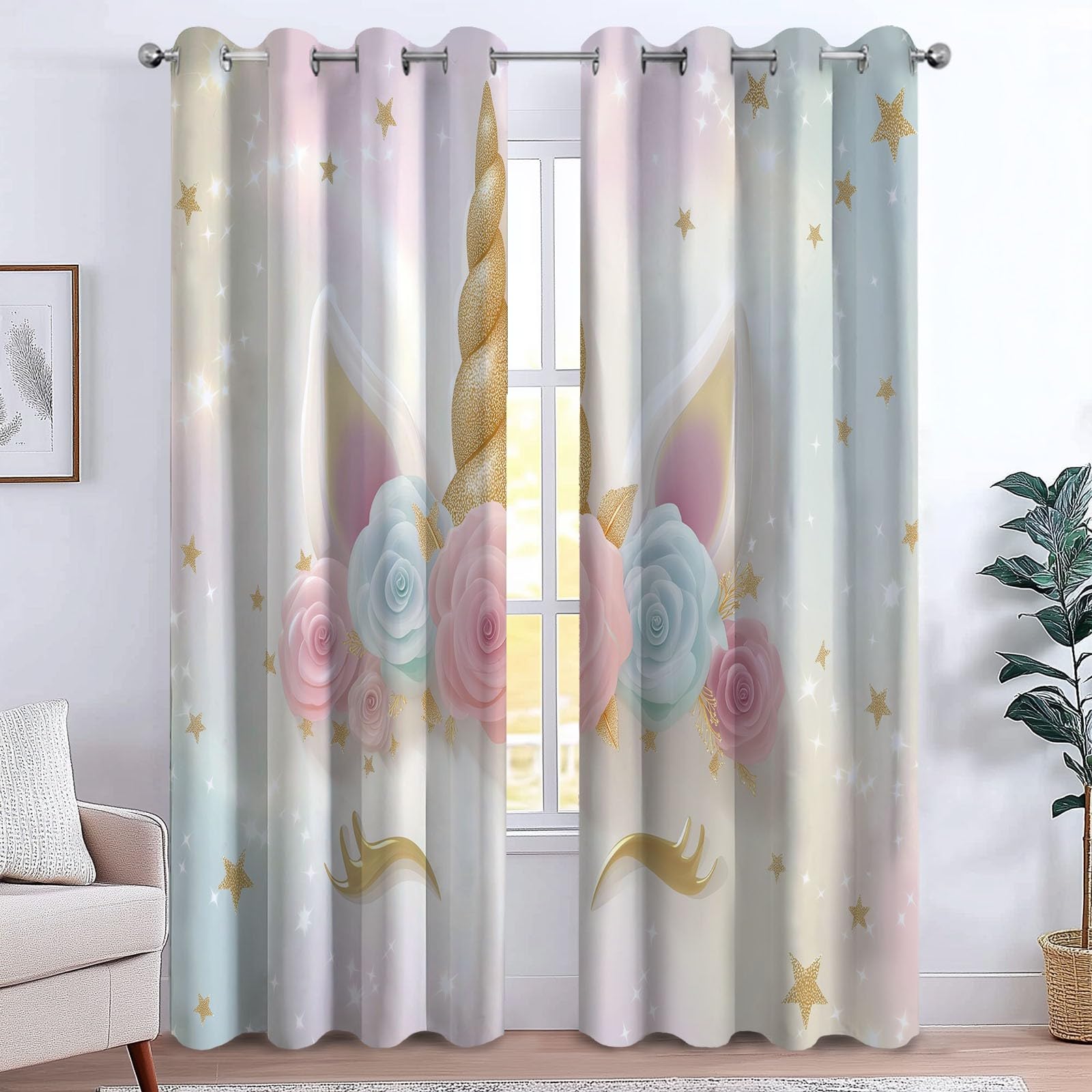Générique Rideaux Occultants Enfant 3D Licorne 110 x 215 cm (L x H), Isolation Phonique à Œillets Fleur Étoile Magie Fantaisie, pour Chambre Garçon (2 Panneaux) Blanc