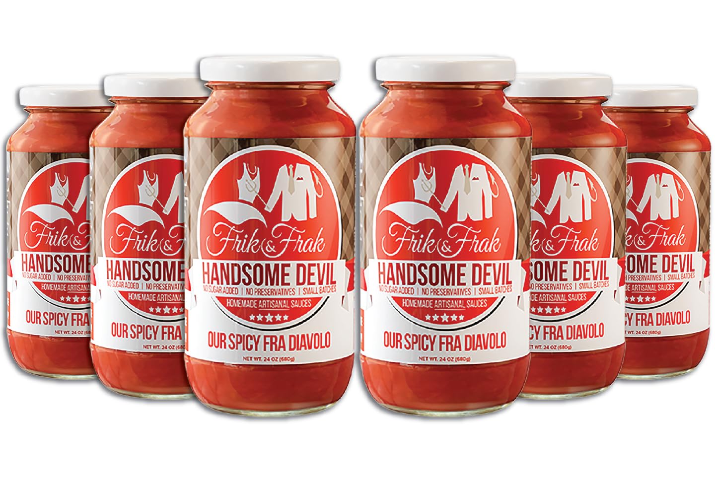 Spicy Fra Diavolo Pasta Sauce by Frik & Frak, 6-Pack, No Sugar Added, No Preservatives, Gluten Free, 36 Month Shelf Life, Artisan Small Batch Crafted Pasta Sauces, Handsome Devil, 24 Oz Jars