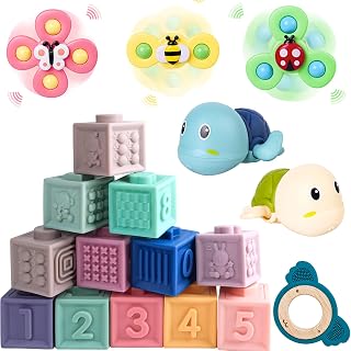 MCGMITT Baby Toys 6 to 12 Months,4 in-1 Montessori Baby Blocks 6 to 12 Months, Incl Baby Blocks, Suction Cup Spinner Toy for Baby, Baby Bath Toys& Baby Teething Toy, Sensory Toy for Boys Girls