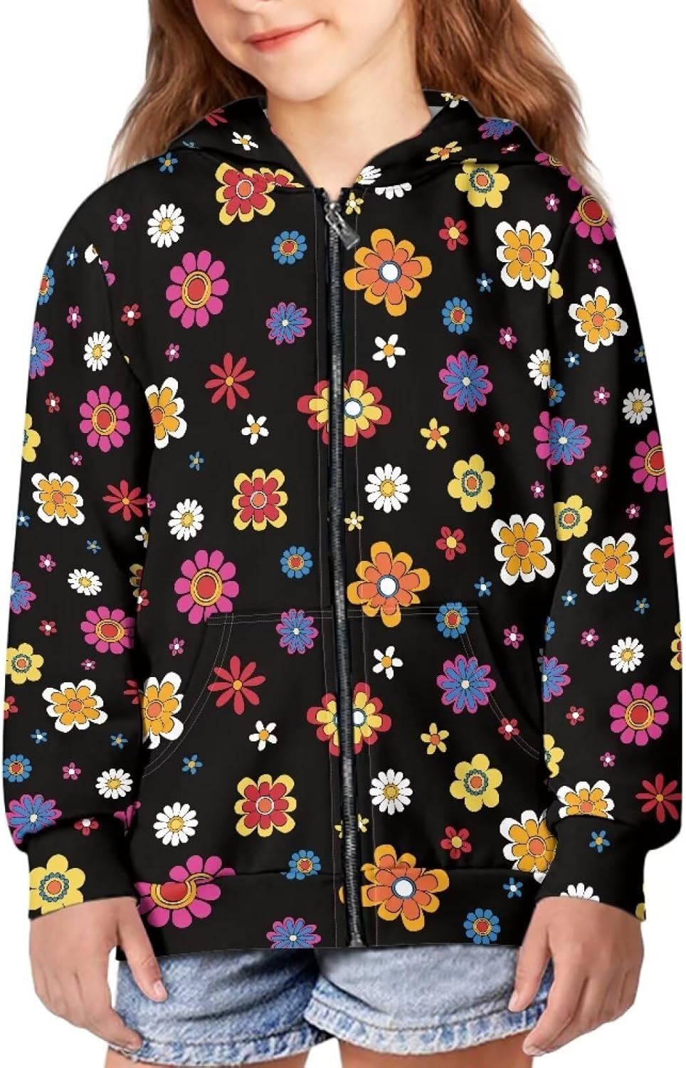 AmzPrint Zip Up For Girls Big Kids Little Kid Zipper Loose Casual Long Sleeve Pullover Hooded Jackets Coats With Pockets