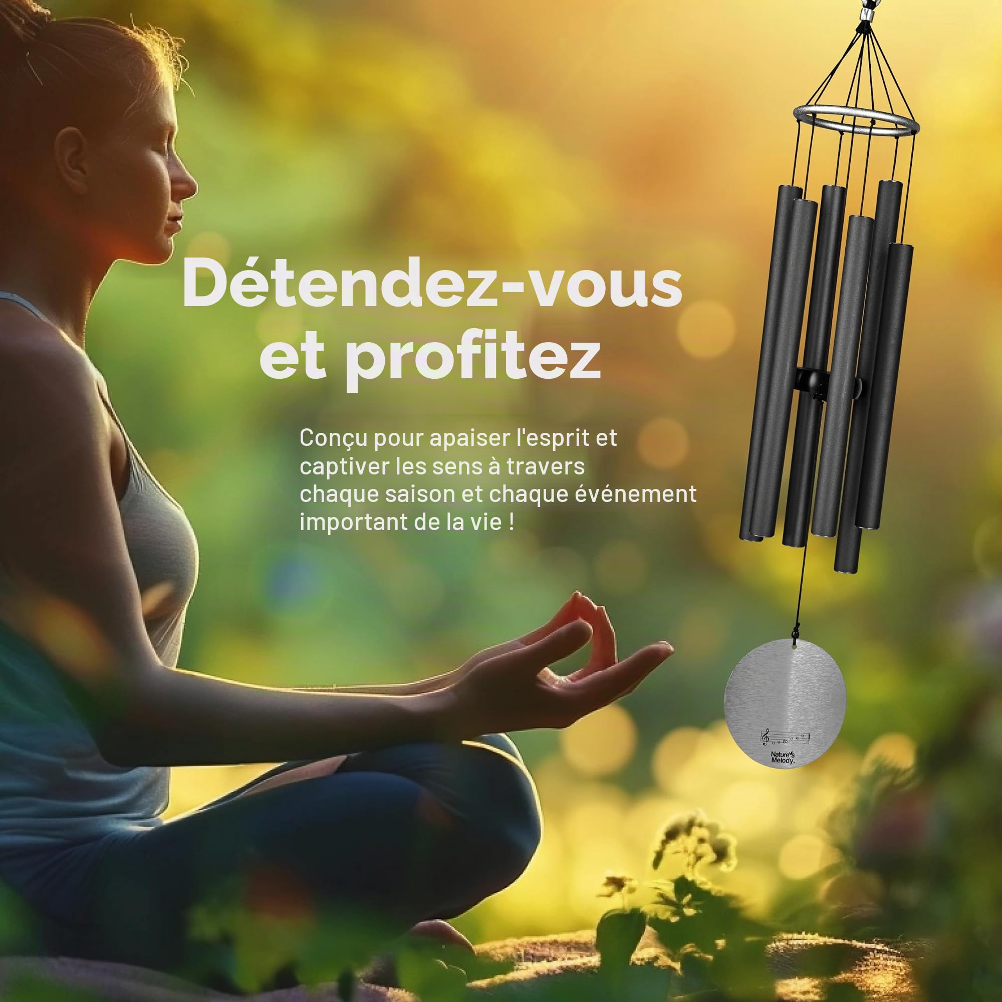 Nature's Melody Aureole Tunes Carillon à vent d'extérieur, 6 tubes, gamme pentatonique de Do, aluminium inoxydable, finition poudrée, crochet en S, pour condoléances, cadeau commémoratif, jardin zen