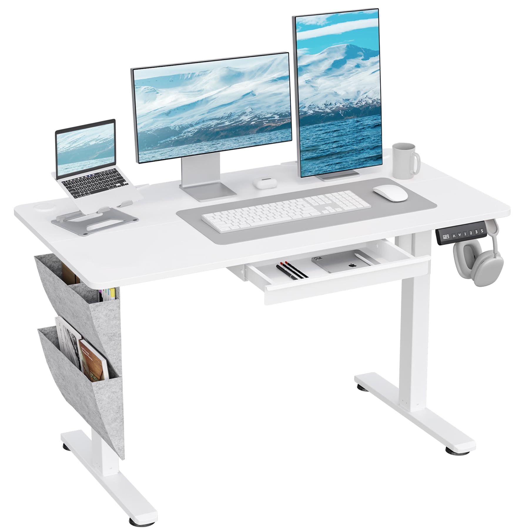 DSNAPE 55" x 24" Electric Standing Desk with Drawers, Height Adjustable Sit Stand Desk with 3 Preset Heights Side Hook Storage Pocket Cable Clips