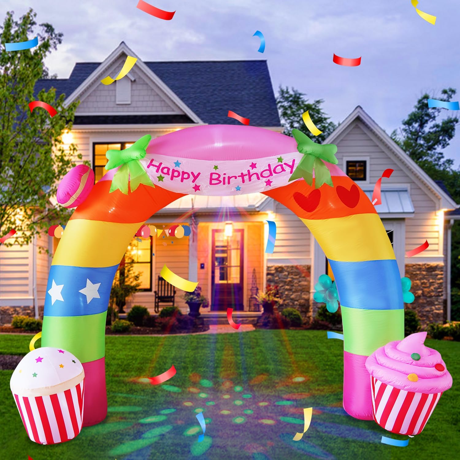 11FT Inflatable Birthday Arch Birthday Decoration, Built-in LED Lights and Colorful Rotating Lights, Suitable for Indoor and Outdoor Yard Lawn Decoration F-11-foot birthday arch
