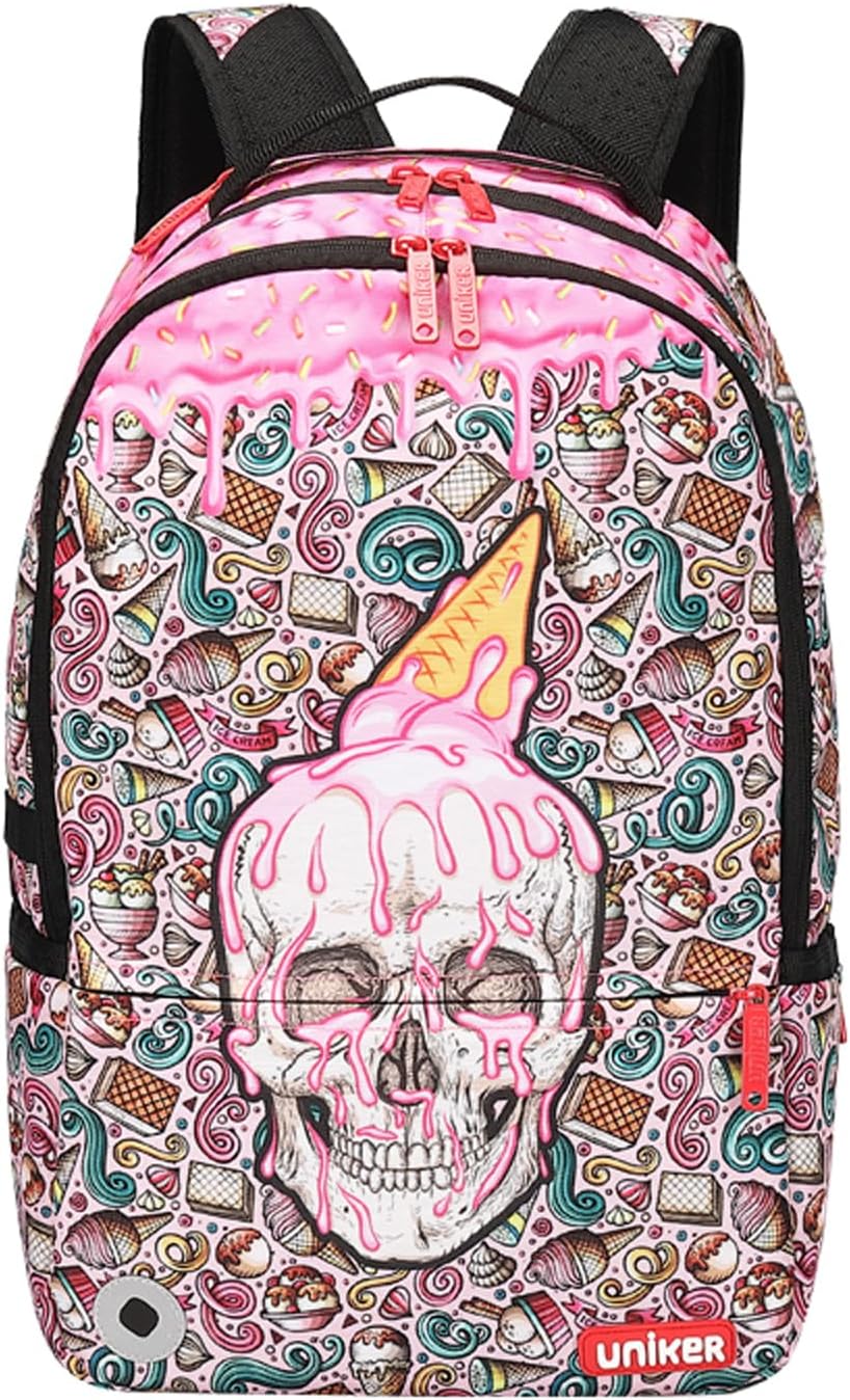 Graffiti Backpack,Ice Cream Pattern Schoolbag,Pink School Backpack for Girls,Computer Backpack Fits 15.6 Inch Laptop with USB Port,College Backpack Skull