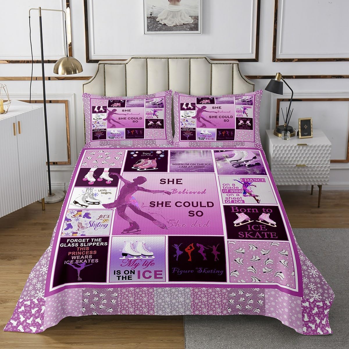 Ice Skating Bedspread Twin Size Girls Pink Grid Bedding Set 2pcs for Kids Teens Women Room Decor Winter Skater Pattern Comforter Set Speed Sports Gaming Quilt Set,1 Pillowcase