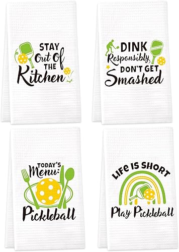 Vansolinne Juego de 4 toallas de cocina de regalo de Pickleball para Navidad, juego de 4 paños de cocina, juego de toallas de mano de cocina
