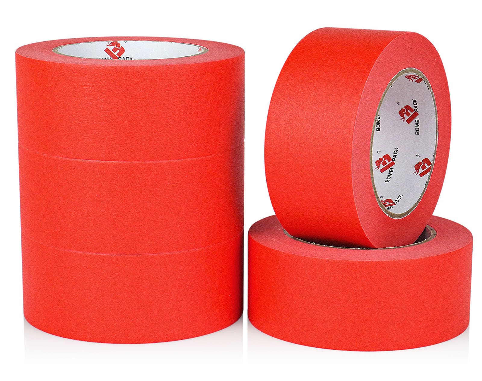 BOMEI PACK 5 rotoli di nastro adesivo per pittori, larghezza 5,1 cm x 50,1 m, nastro coprente per pittura, etichettatura, fai da te, decorazioni e progetti scolastici (rosso)