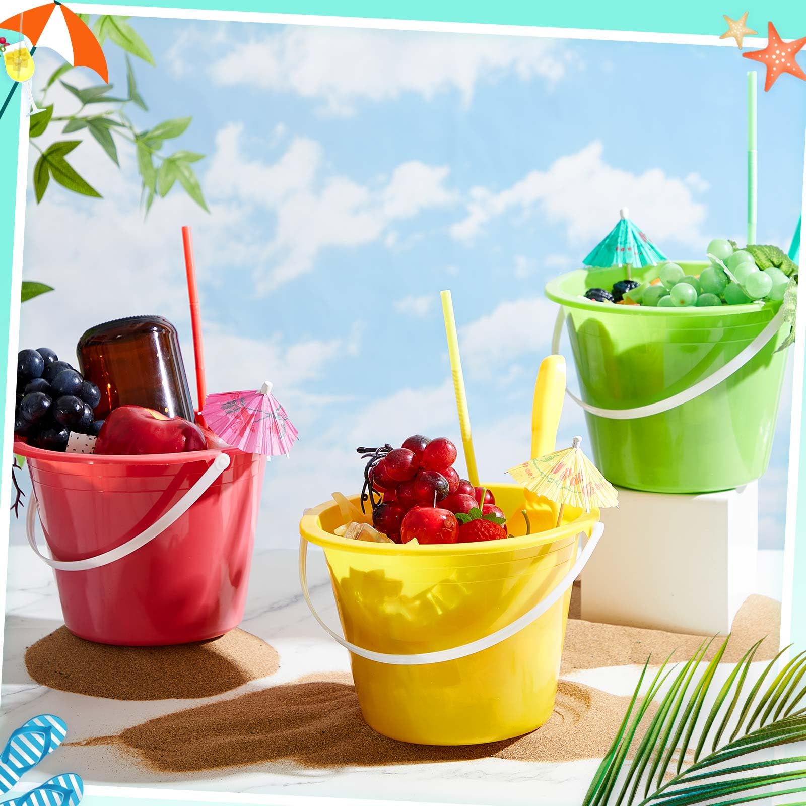 Juego de 15 cubos de plástico para ron de 68 onzas, cubos de hielo para cóctel, cubos grandes para bebidas con pajitas y palas, paraguas con asa para fiesta de verano, bar, vino, cerveza 3